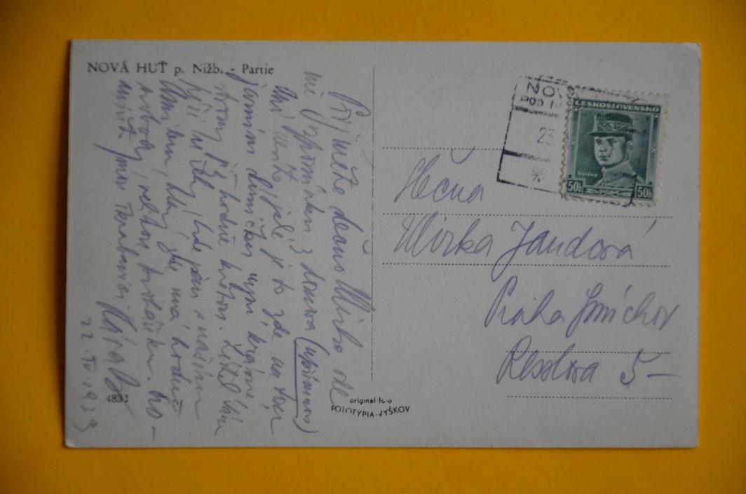 NOVÁ HUŤ NIŽBOR okres Beroun vlaková pošta 1939