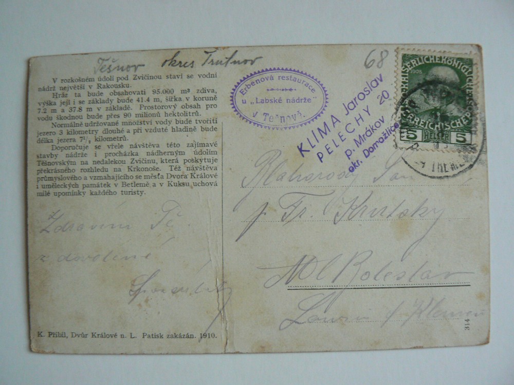 TĚŠNOV Labská vodní nádrž okres Trutnov pamětní razítko Erbenová restaurace R-U 1910