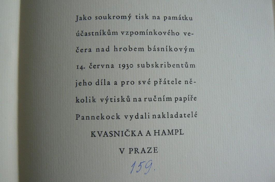 TRYZNA ZA BÁSNÍKEM KARLEM HLAVÁČKEM (výtisk č. 159) uspořádal Jiří Karásek ze Lvovic, básníkův portrét Zdeněk Guth - soukromý tisk 1930