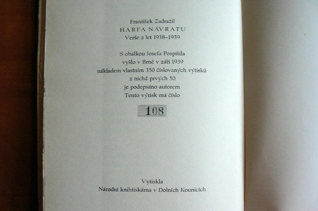 HARFA NÁVRATU František Zadražil (1939) - výtisk č. 108