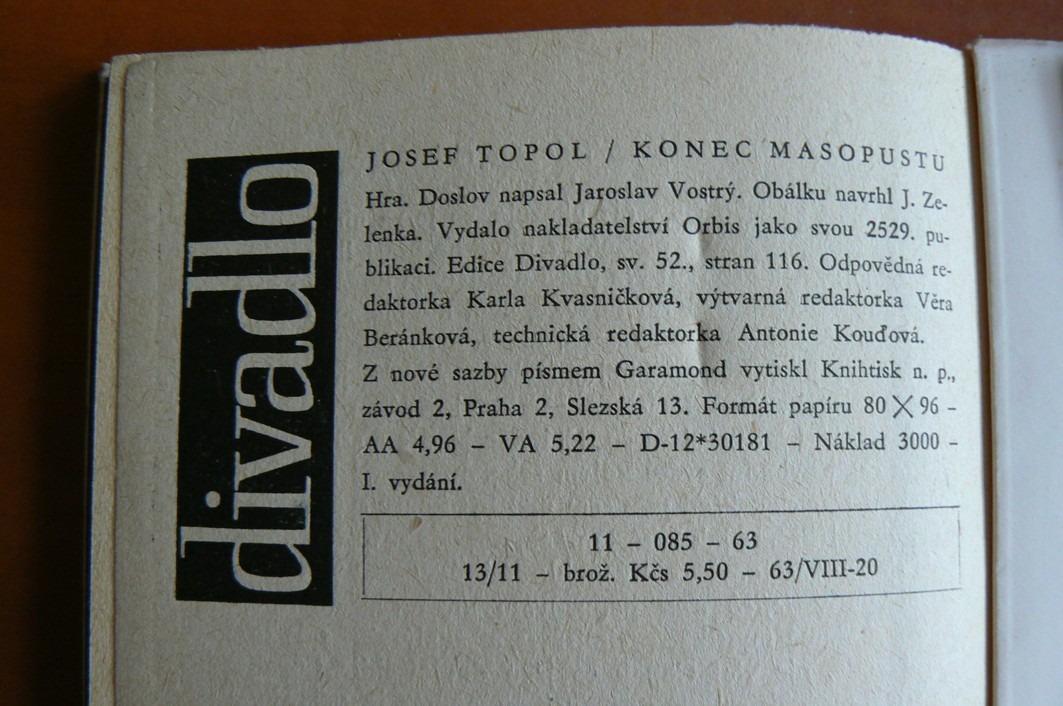 KONEC MASOPUSTU Josef Topol (1963) divadelní hra