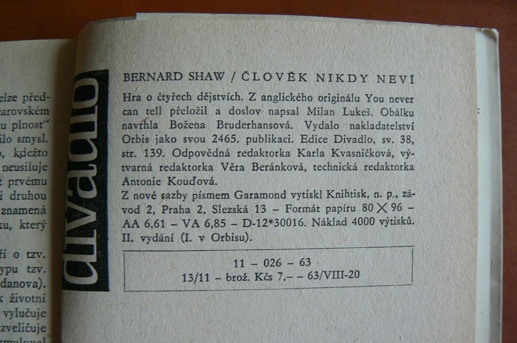 ČLOVĚK NIKDY NEVÍ Bernard Shaw (1963) divadelní hra